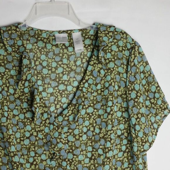 Emma James Womens Size 14W Green Floral Print Rouffle Blouse Button Up - Picture 2 of 11
